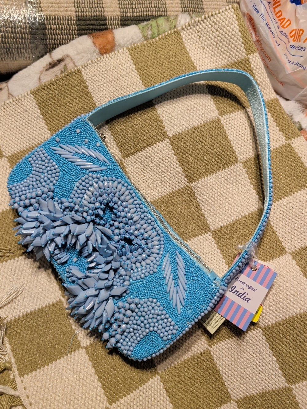 Beaded Shoulder Bag in Light Blue Handcrafted In India